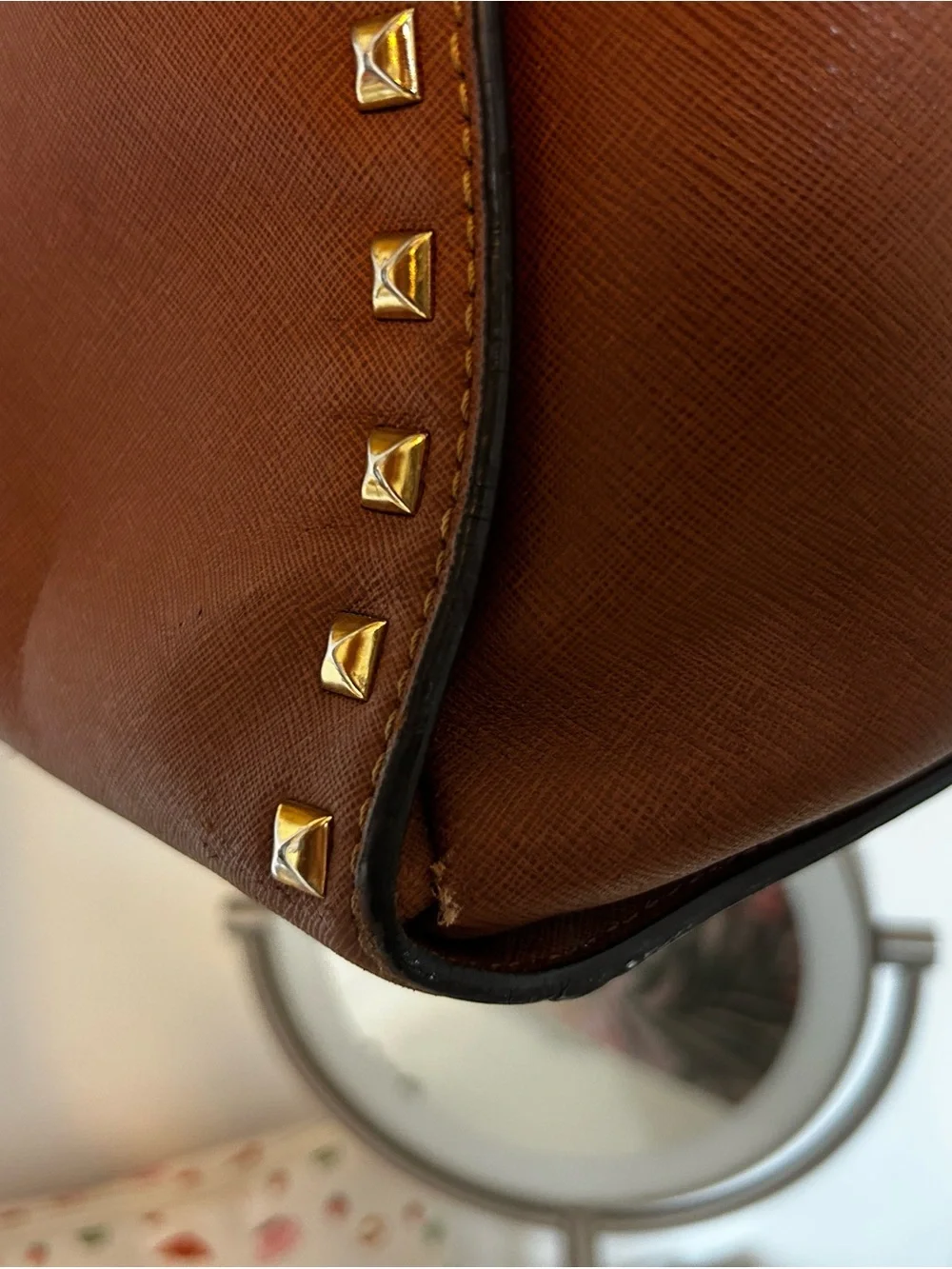 MICHAEL KORS Chestnut Brown Leather Satchel with Gold Studs
